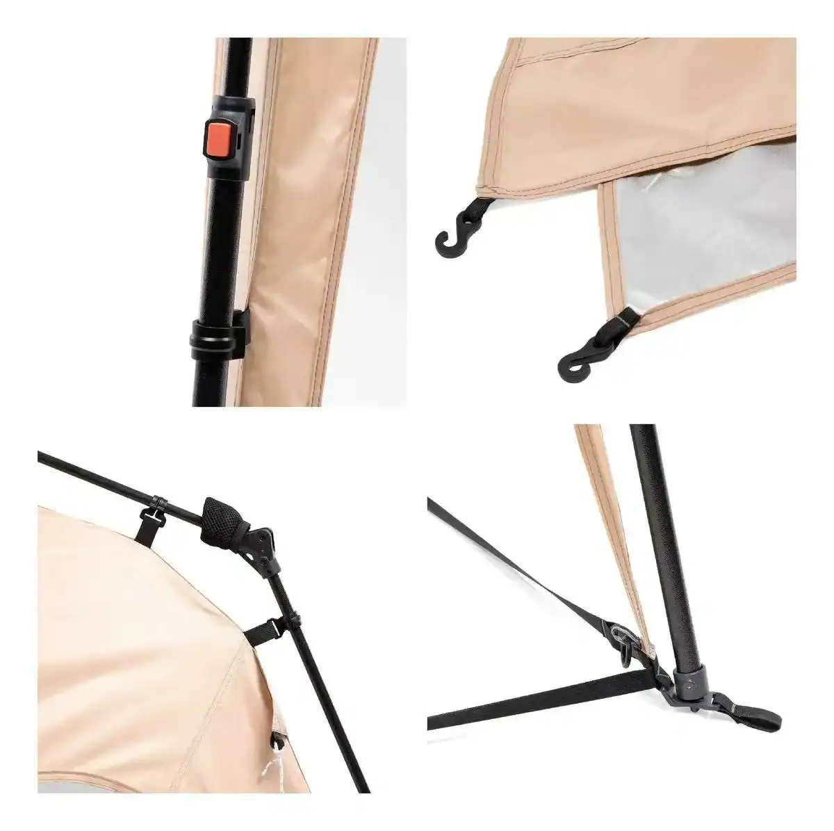 Detailed view of various tent parts, including poles, clips, straps, hooks, and fabric in beige and black.