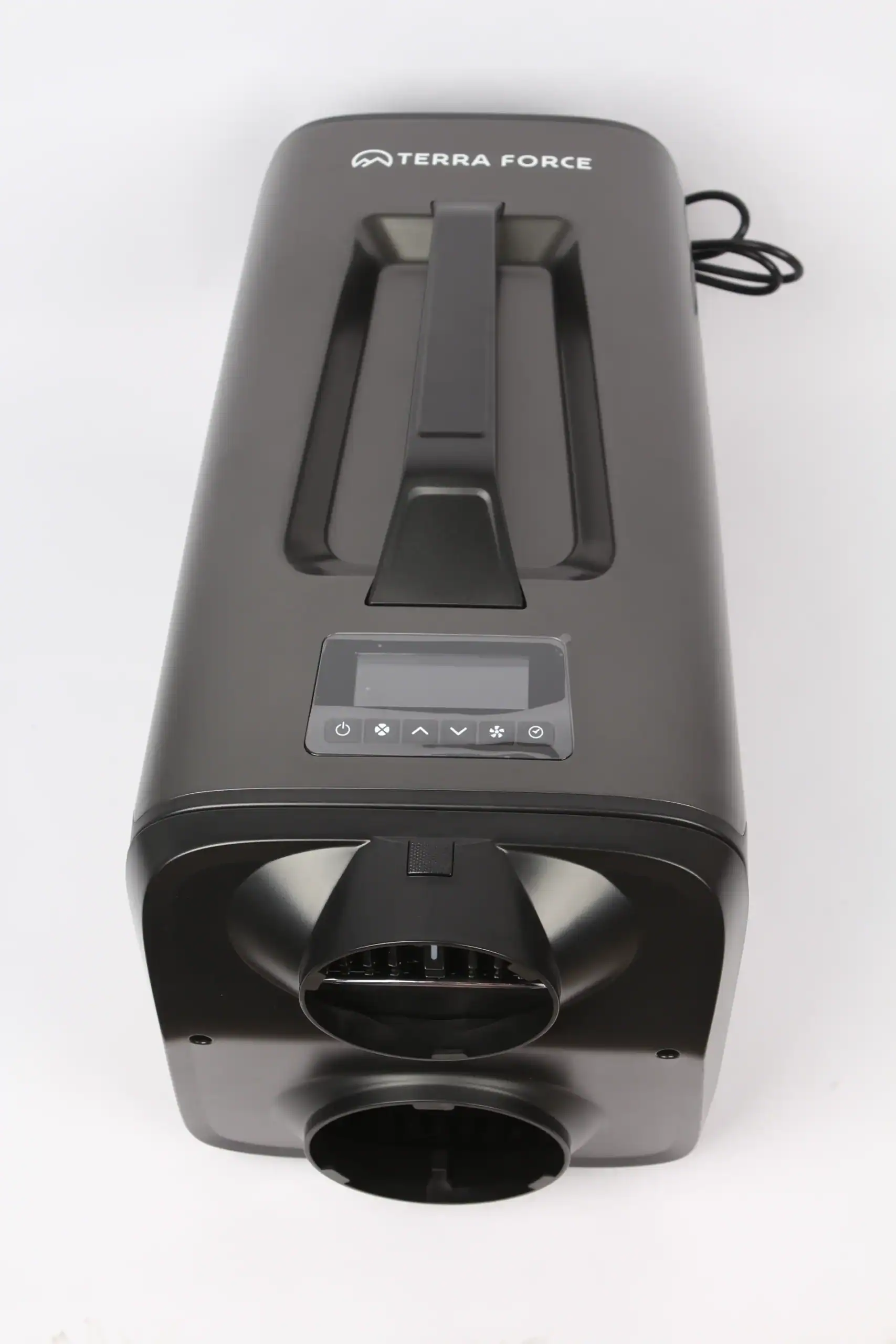 Terra Force portable heating unit in dark casing, featuring an integrated control panel and dual ventilation outlets, ideal for outdoor use.