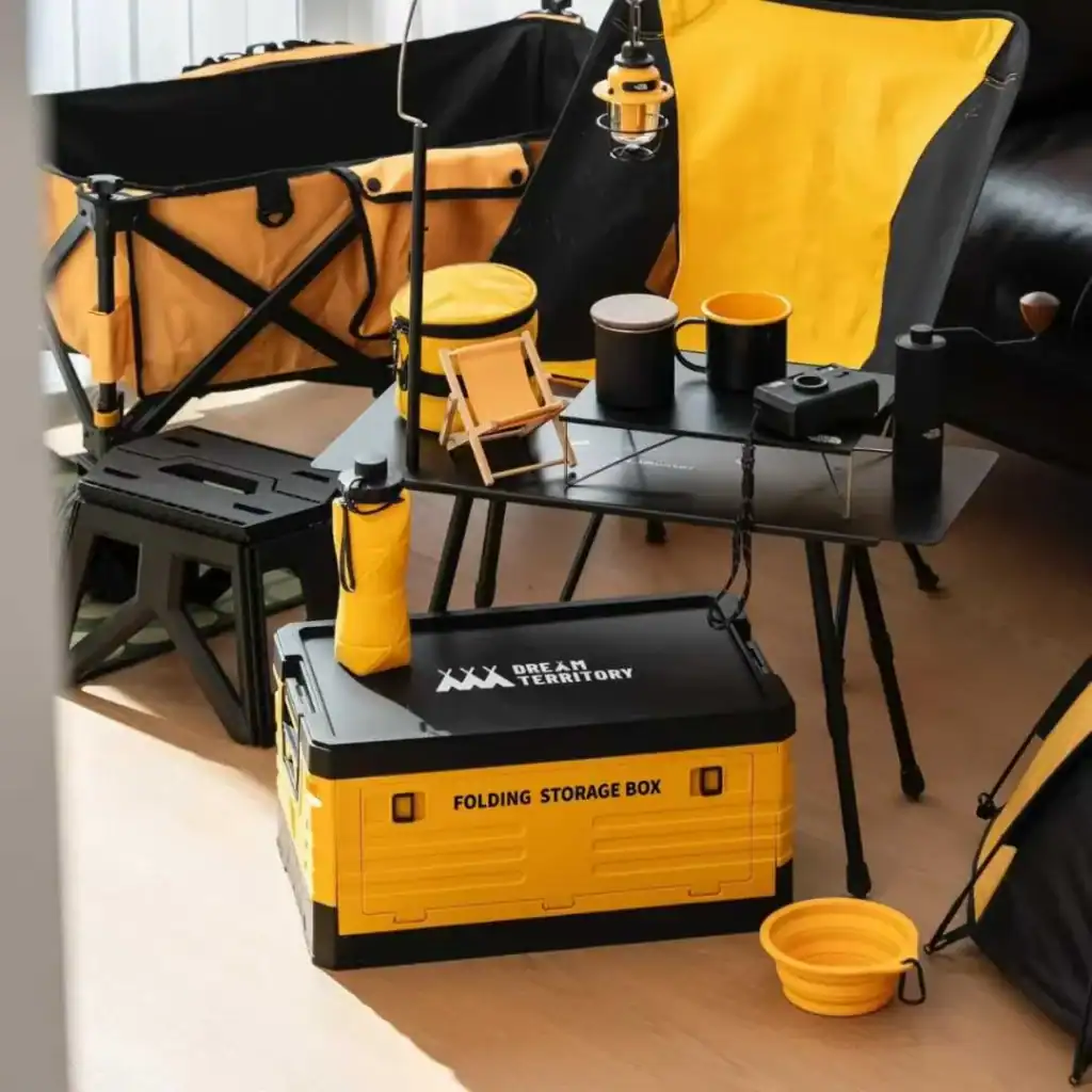 Retail Camp Stove Margin: Charcoal vs Gas 2 Outdoor camping gear setup with yellow and black accessories and storage box.