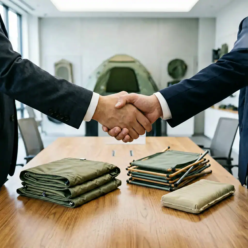 7 Sourcing Camping Gear Mistakes That Kill Profit Margins 159 A B2B handshake seals a deal for outdoor and camping equipment, with samples of foldable mats, chairs, and a tent displayed on the meeting table. This strategic partnership focuses on comprehensive outdoor gear supply, including high-quality sourcing of Hiking Stick products.