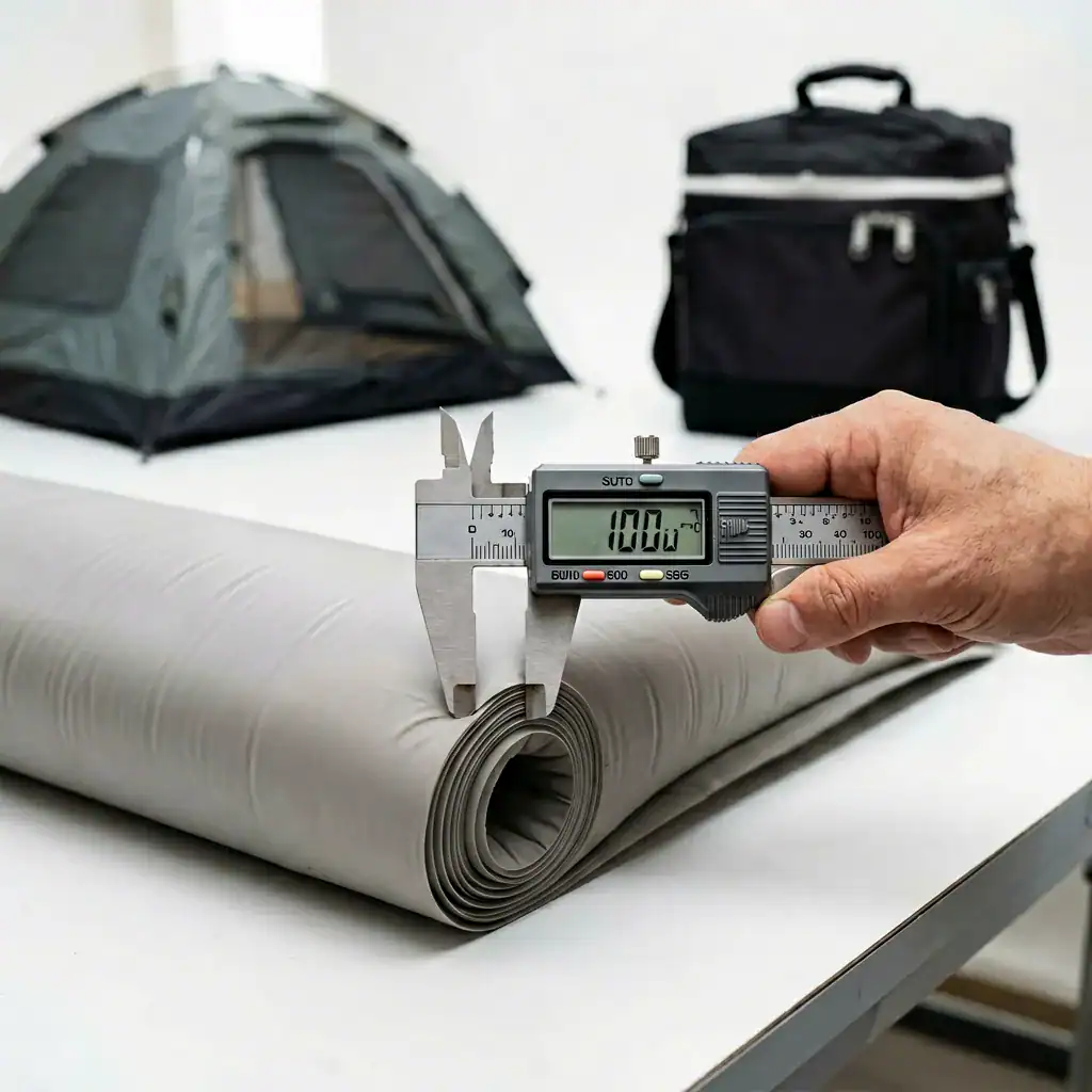 7 Sourcing Camping Gear Mistakes That Kill Profit Margins 146 A digital caliper displays a precise measurement of the durable gray fabric, demonstrating meticulous quality control for materials essential in sourcing camp awning production. This commitment to material integrity ensures the reliability and performance of our outdoor shelter solutions.