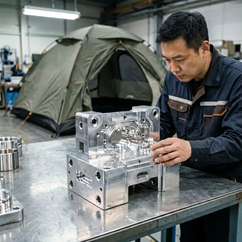 7 Sourcing Camping Gear Mistakes That Kill Profit Margins 149 A skilled technician meticulously inspects a complex, high-precision machined metal component on a workbench, demonstrating our stringent quality control processes. This commitment to excellence ensures the reliability of parts for diverse industrial applications, including the robust Camping Tent product visible in our innovative manufacturing environment.