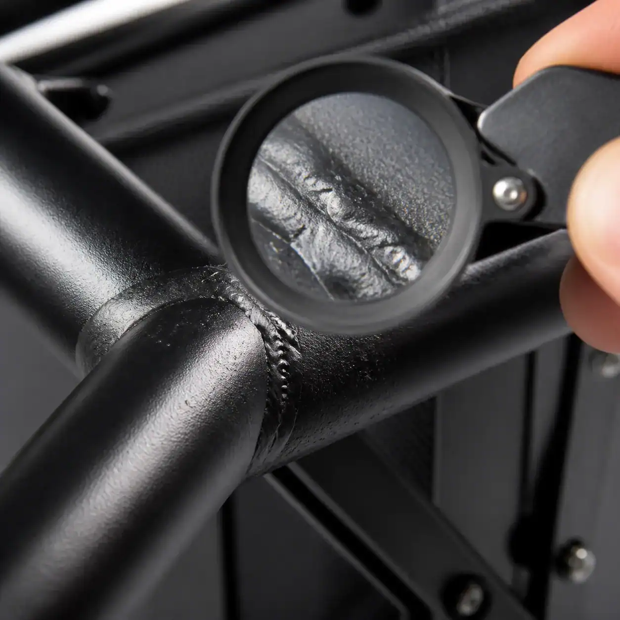 Hyper-realistic macro product photography, close-up of a weld joint on a black powder-coated folding wagon frame showing tiny surface pits and porosity, a metal inspector's magnifying loupe hovering over the weld bead, shallow depth of field, crisp metallic reflections, industrial side lighting, high-resolution detail, clean composition, no text, no brand logo