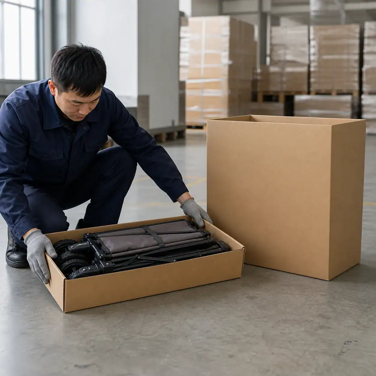 Folding Wagon Frame Quality: 5 Low-Quality Signs (2026) 26 Hyper-realistic product photography, a compactly folded camping wagon with wheels nested inside its frame inside a low-profile cardboard carton, next to a taller empty carton to show the reduced carton height, factory worker adjusting the packaging, clean warehouse setting with soft daylight, emphasizing efficient carton design, no text, no brand logo