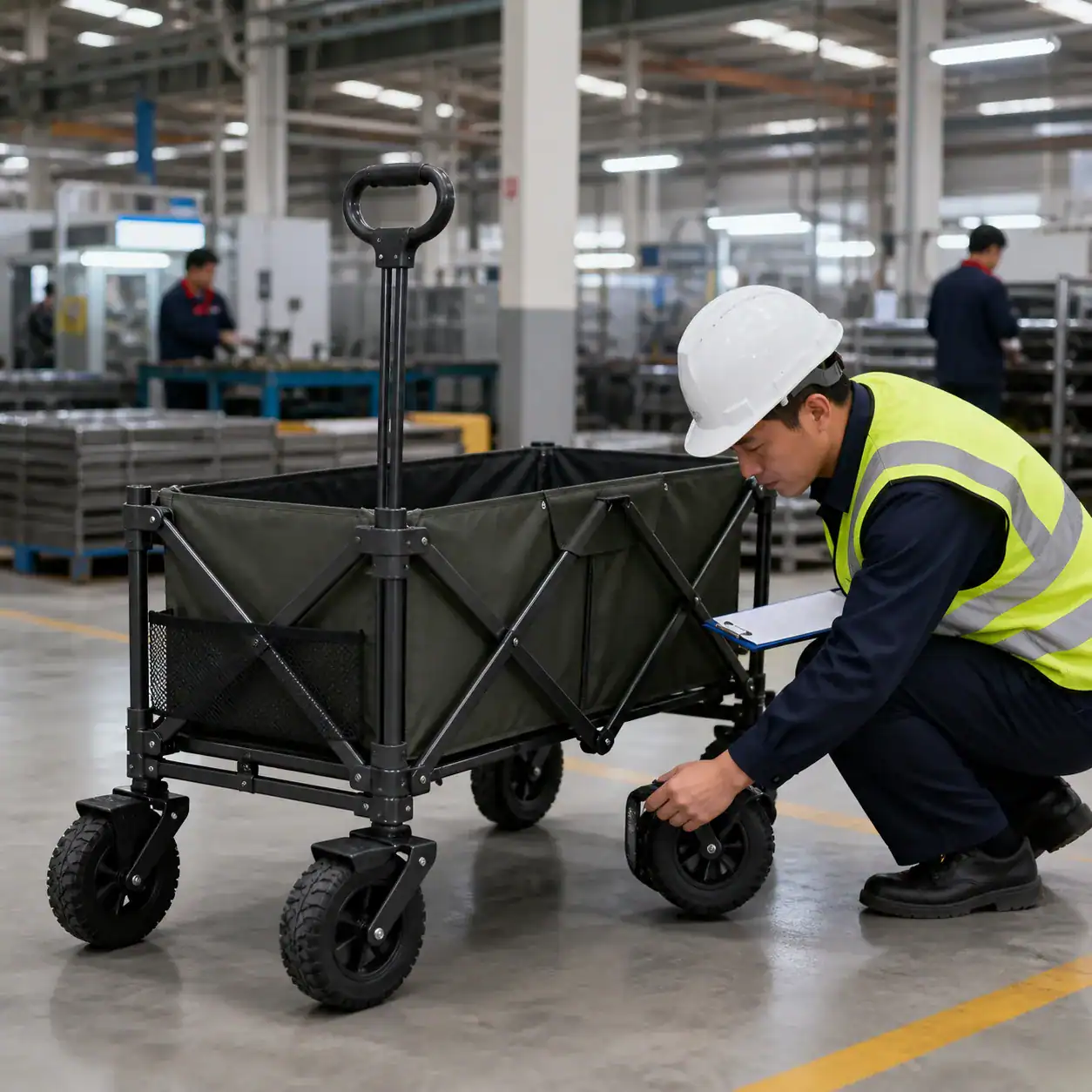 Hyperrealistic product photography, a durable folding camping wagon with dark steel frame and heavy-duty oxford fabric standing prominently in the center of a modern Chinese factory audit floor, professional quality-control auditor in safety vest and helmet inspecting the wagon's wheel mechanism, soft depth of field with production line and metal fabrication equipment in the background, bright industrial lighting, clean composition, no text, no brand logo
