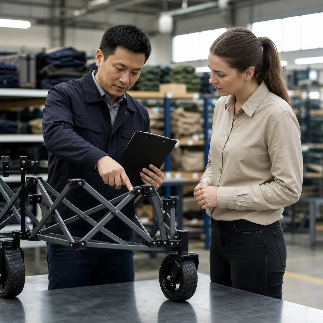Hyper-realistic product photography, a factory quality manager and an overseas buyer standing beside a folding wagon frame on an inspection table, the manager pointing at the hinge weld while holding a blank clipboard, warehouse environment with stacked camping gear softly blurred in background, professional B2B atmosphere, natural window and overhead LED light, clean composition, no text, no brand logo