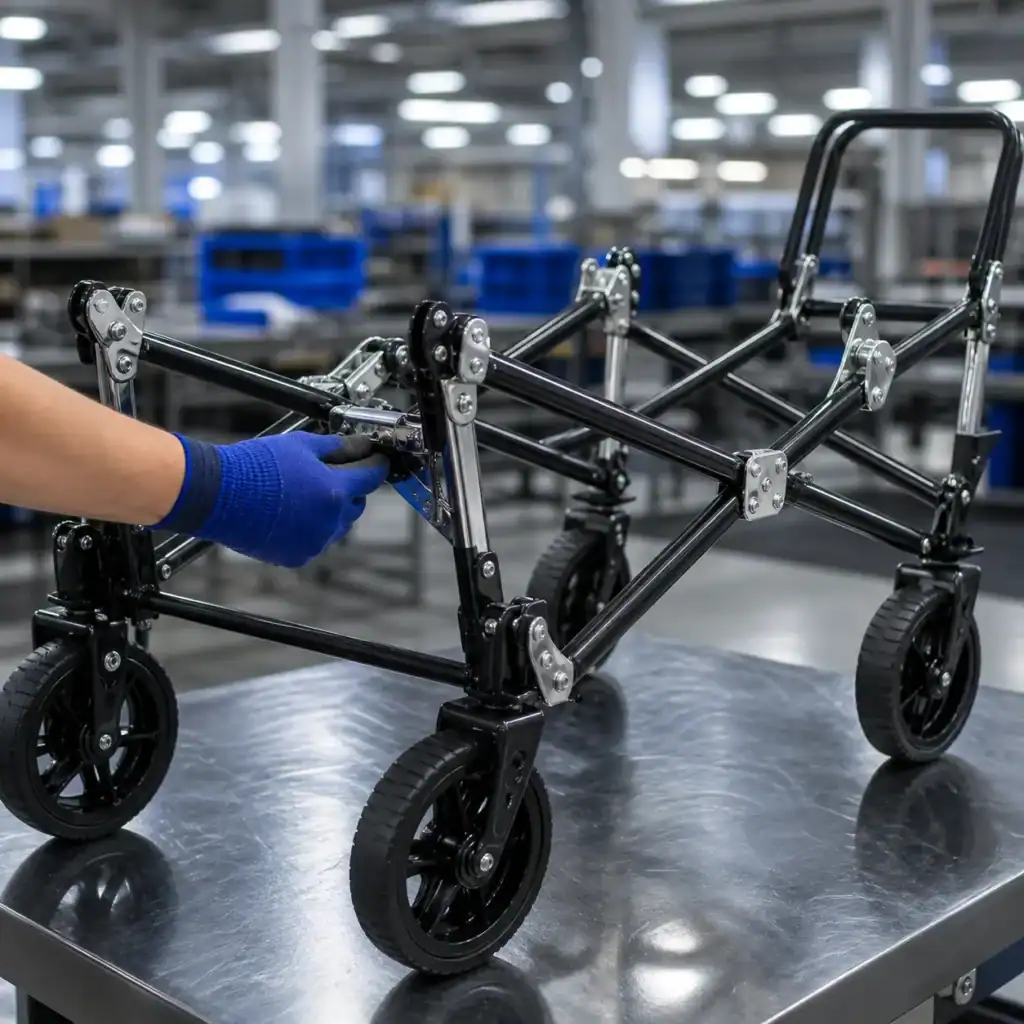 Hyper-realistic product photography, a heavy-duty folding wagon frame partially unfolded on a factory inspection table, an inspector in a blue work glove testing the central locking hinge, brushed steel and black powder-coated tubes, clean industrial warehouse background with soft bokeh, dramatic overhead LED lighting, high detail macro sharpness, clean composition, no text, no brand logo