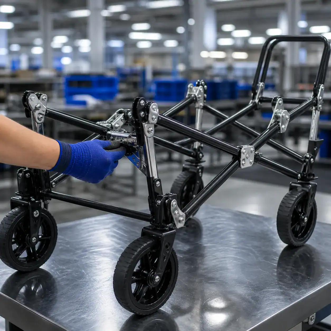 Hyper-realistic product photography, a heavy-duty folding wagon frame partially unfolded on a factory inspection table, an inspector in a blue work glove testing the central locking hinge, brushed steel and black powder-coated tubes, clean industrial warehouse background with soft bokeh, dramatic overhead LED lighting, high detail macro sharpness, clean composition, no text, no brand logo