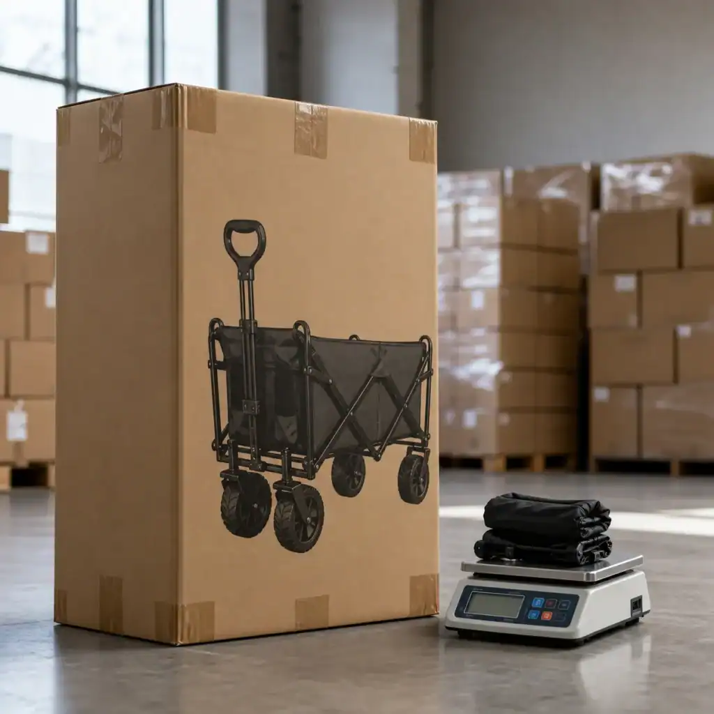 Hyper-realistic product photography, a large folded camping wagon carton towering next to a small digital scale highlighting the contrast between light actual weight and bulky dimensional weight, warehouse floor with stacked export boxes in soft background, dramatic natural window light, professional logistics photography, no text, no brand logo