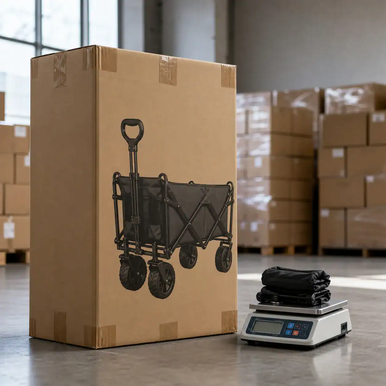PVC vs PU Coated Wagon Fabric: Waterproof & UV Lab Test Data 16 Hyper-realistic product photography, a large folded camping wagon carton towering next to a small digital scale highlighting the contrast between light actual weight and bulky dimensional weight, warehouse floor with stacked export boxes in soft background, dramatic natural window light, professional logistics photography, no text, no brand logo