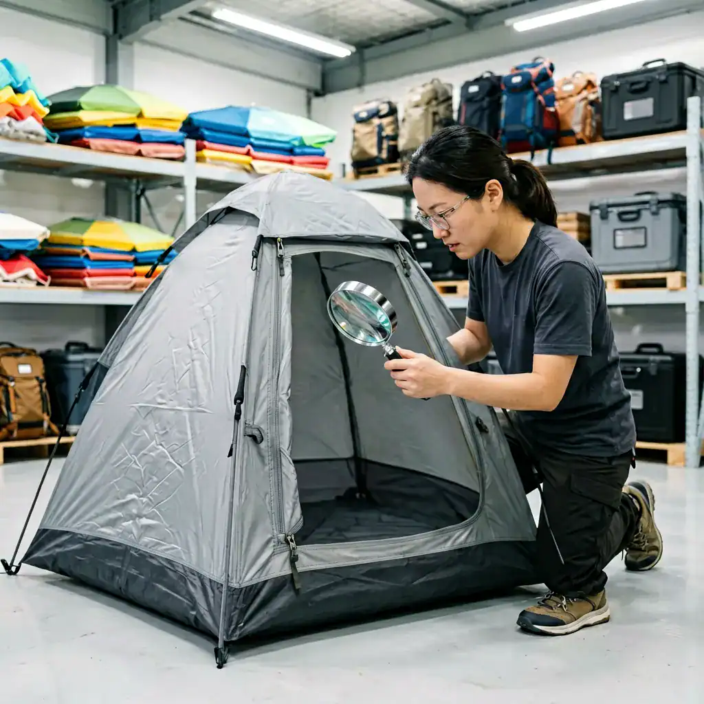 7 Sourcing Camping Gear Mistakes That Kill Profit Margins 154 Hyper-realistic product photography, a quality control specialist inspecting the stitching and zipper of a large backpacking tent using a magnifying glass in a bright warehouse, with folded beach umbrellas and backpack coolers stacked on shelving behind, precise industrial lighting, clean composition, no text, no brand logo