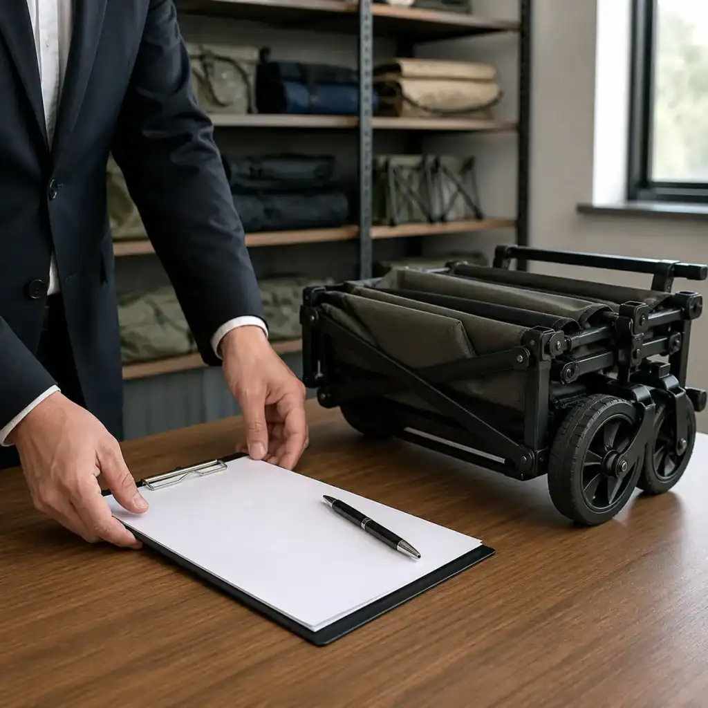 Hyperrealistische Produktfotografie, Nahaufnahme der Hände eines Wirtschaftsprüfers, der ein leeres offizielles Prüfzettel und einen Kugelschreiber auf einem Holzschreibtisch ablegt, neben einer zusammengefalteten kompakten Camping-Waggon-Probe; Hintergrund: Fabrik showroom mit Regalen und Outdoor-Ausrüstung; sanftes natürliches Fensterlicht; flache Tiefenschärfe; saubere Komposition; kein Text, kein Markenlogo