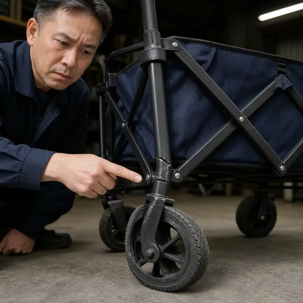 Hyperrealistic product photography, quality auditor pointing at a visible cracked weld joint on the steel frame of a folding camping wagon, wagon resting on concrete factory floor with one wheel misaligned, harsh overhead industrial light casting shadows, inspector's face showing concern, dark workshop background, high detail macro focus on defect, clean composition, no text, no brand logo