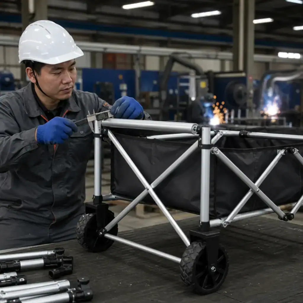 Costos de envío de carritos plegables: impacto del material del marco 1 Fotografía de producto hiperrealista, inspector de calidad con casco de seguridad blanco y guantes de trabajo azules midiendo el tubo de aluminio soldado del chasis de un carrito plegable semiarmonizado en una línea de producción de fábrica, con un calibre digital en la mano, cuerpo del carrito con tela Oxford parcialmente montada, fondo que muestra estaciones de soldadura con chispas sutiles, iluminación industrial, composición limpia, sin texto, sin logotipo de marca