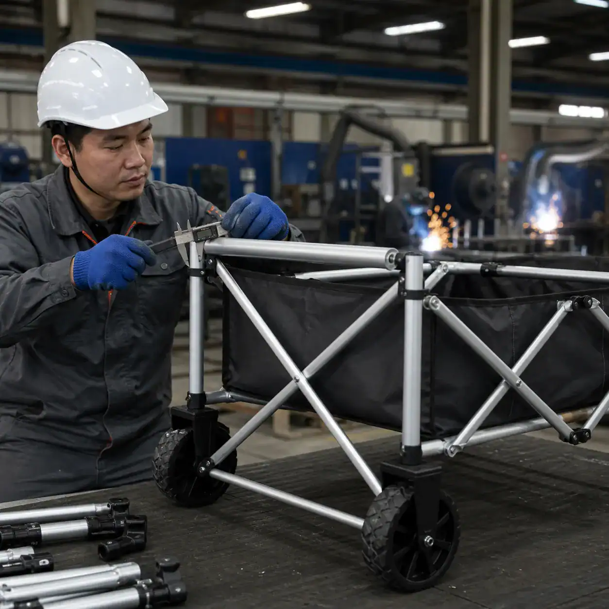 Hyperrealistic product photography, quality inspector in white safety helmet and blue work gloves measuring the welded aluminum frame tube of a semi-assembled folding wagon on a factory production line, digital caliper in hand, wagon body with oxford fabric partially attached, background shows welding workstations with subtle sparks, industrial lighting, clean composition, no text, no brand logo