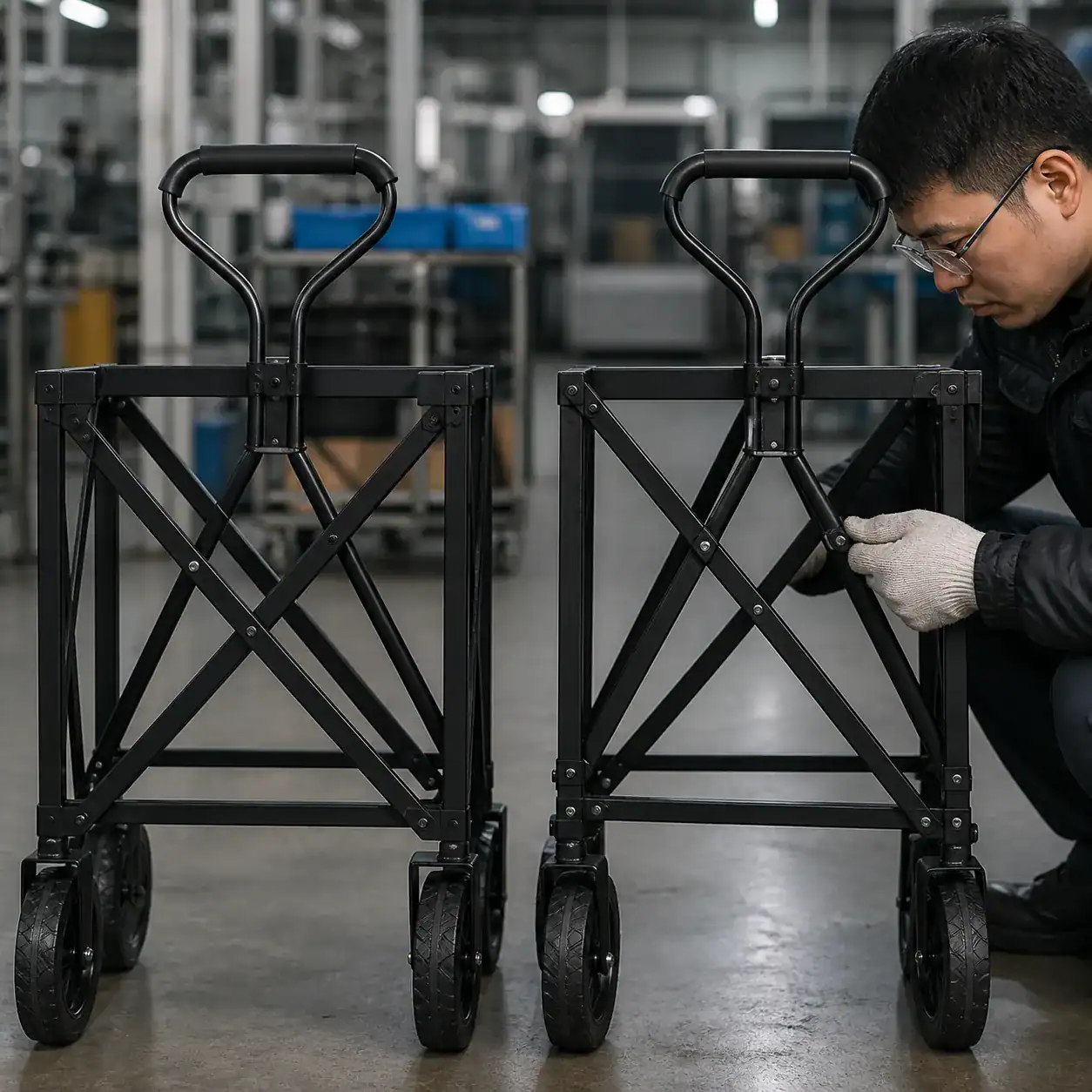 Hyper-realistic product photography, two identical folding wagon frames side by side in a factory workshop, one flawless matte-black sample frame with smooth even welds and one production frame with slightly rougher weld beads and a misaligned crossbar, a quality inspector comparing the hinge joints, hard directional workshop lighting, shallow depth of field, ultra-detailed metal textures, clean composition, no text, no brand logo