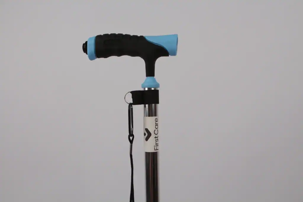 Close-up of a trekking pole featuring an ergonomic blue and black handle, wrist strap, and a sturdy metal shaft labeled 'First Care'.