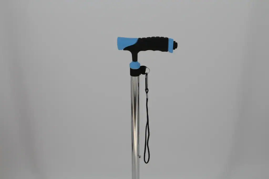 A lightweight trekking pole with an ergonomic blue and black handle featuring a wrist strap, suitable for outdoor activities.