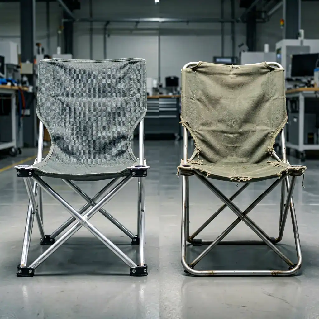 7 Sourcing Camping Gear Mistakes That Kill Profit Margins 137 Two heavy-duty folding chairs, one brand new and the other heavily used and worn, are displayed side-by-side in an industrial setting, demonstrating the extreme durability and material quality relevant for our premium Backpack Cooler line's performance and longevity.