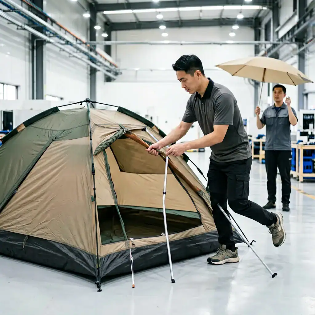 7 Sourcing Camping Gear Mistakes That Kill Profit Margins 142 Two technicians in a clean industrial facility meticulously demonstrate the quick and easy assembly of a high-quality portable Beach Shade, highlighting its robust design and user-friendly features for efficient setup. This B2B demonstration emphasizes the product's durability and convenience, ensuring readiness for commercial distribution and customer satisfaction.